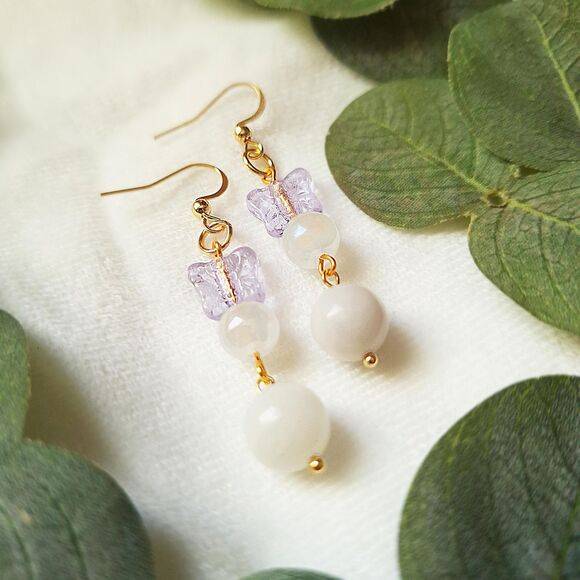 Fairycore Butterfly Glass & White Chalcedony Drop Earrings – 24k Gold Plated - Picture 6 of 9